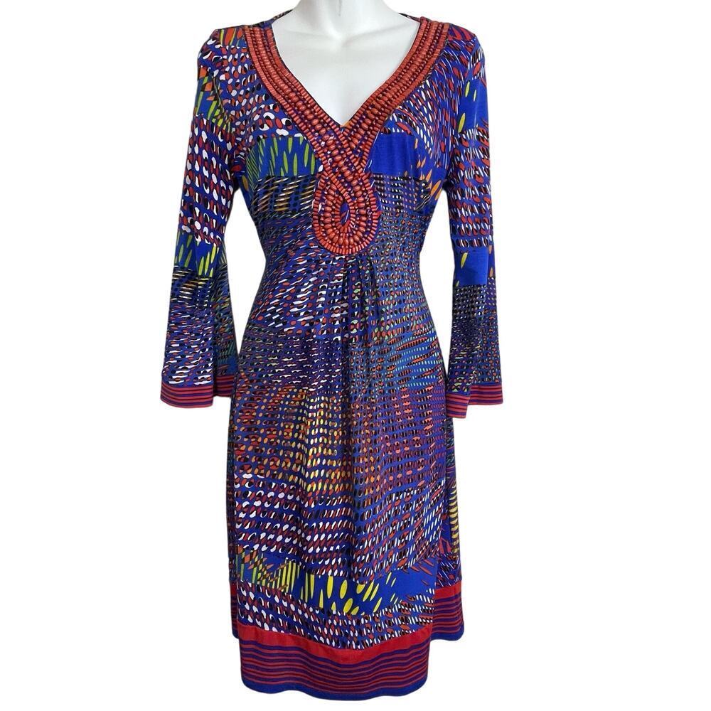 Joseph Ribkoff Dress Shift Size 4 Beaded Neckline Mixed Pattern Attached Belt